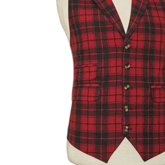 Mens Plaid Vest 46R Red Black Wool Waistcoat Preppy Wedding Party Formal Casual